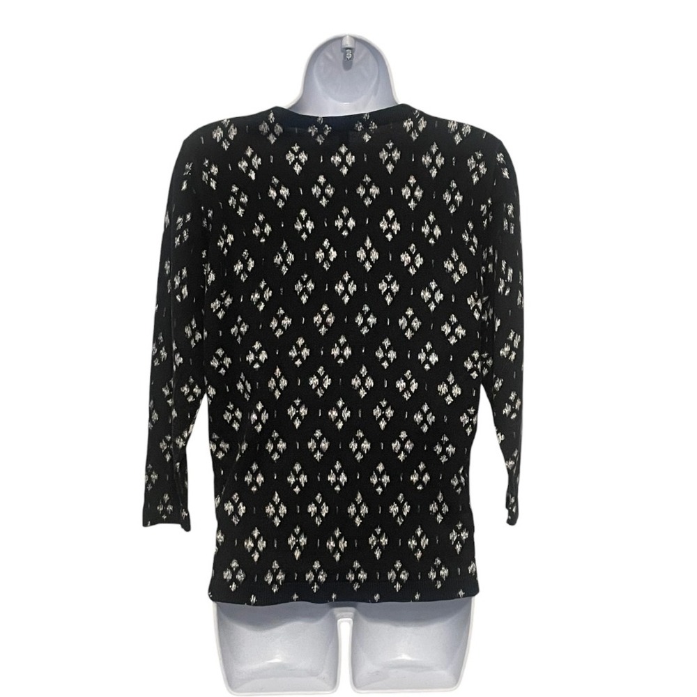 Talbots Womens Black White Diamond Pattern Knit Cardigan Sweater M - Picture 2 of 5
